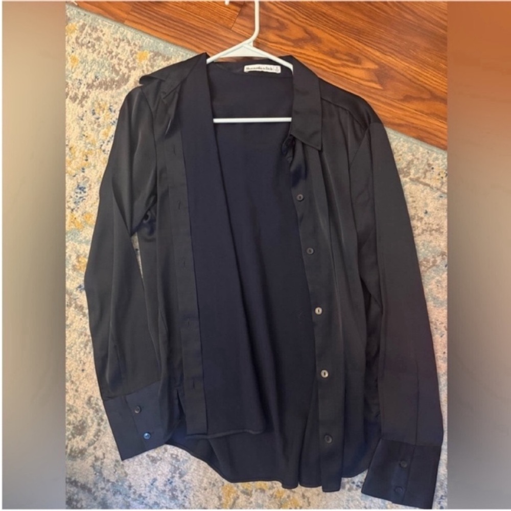Abercrombie Navy Satin Button Down - Picture 2 of 3
